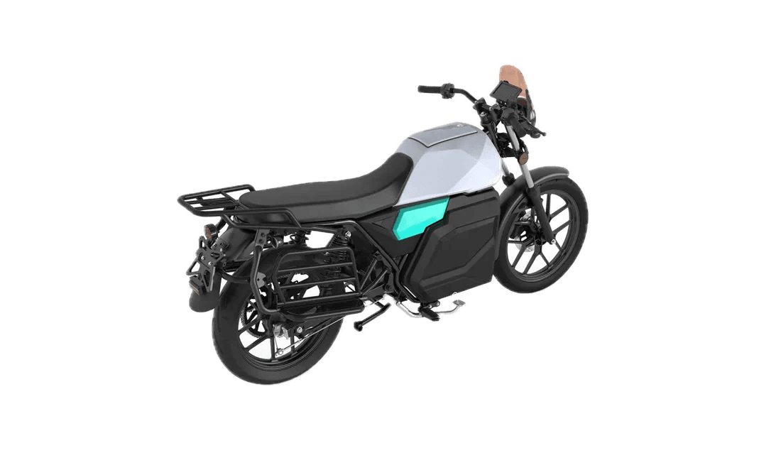 Moto elétrica PARZA M1 - vista traseira em três quartos com bagageiro